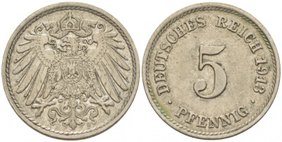 ГЕРМАНИЯ 5 ПФЕННИГОВ 1913 F, KM 11, J. 12 медно-никель 110-236