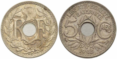 ФРАНЦИЯ 5 САНТИМОВ 1918 ТИП ЛИНДАЙЁ KM 865, LE FRANC 121.2 медно-никель 28-255