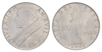 Ватикан 100 лир 1955 Пий XII KM 55 нержавеющая сталь aUNC 4648-132