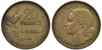 ФРАНЦИЯ 20 ФРАНКОВ 1953 4 ПЕРА, ПЕТУХ, ТИП GURAUD KM 917.1, LE FRANC 402.11 алюминиевая бронза 27-747