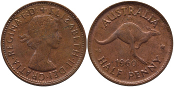 Австралия 1/2 пенни 1960 p, Елизавета II (1953- ), кенгуру KM 61 бронза 4379-1355