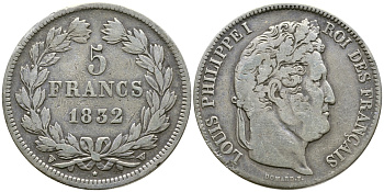 Франция 5 франков 1832 W, Луи Филипп I (1830-1848) KM 749.13 серебро 4386-315