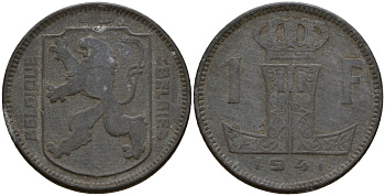 Бельгия 1 франк 1941 Belgique - Belgie, Леопольд III (1934-1947), германская оккупация, Вторая мировая война KM 127 цинк 4161-413