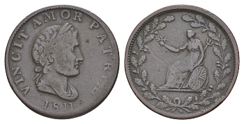 Великобритания 1/2 пенни 1811 Георг III (1760-1820), Любовь к Родине побеждает, рубчатый гурт, Британская медная компания, токен Withers 596 медь 4631-1056