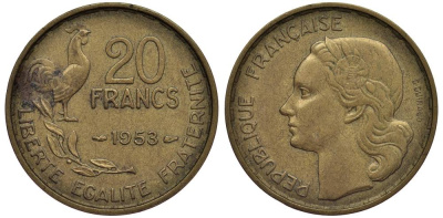 ФРАНЦИЯ 20 ФРАНКОВ 1953 4 ПЕРА, ПЕТУХ, ТИП GURAUD KM 917.1, LE FRANC 402.11 алюминиевая бронза 27-747