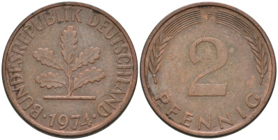 ФРГ 2 ПФЕННИГА 1974 F KM 106a, J.381a сталь плакированная сталь плакированная медьюю 75-441