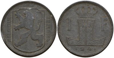 Бельгия 1 франк 1941 Belgique - Belgie, Леопольд III (1934-1947), германская оккупация, Вторая мировая война KM 127 цинк 4161-413