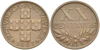 ПОРТУГАЛИЯ 20 СЕНТАВО 1967 KM 584 бронза 4513-1243