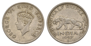 Индия 1/2 рупии 1947 (Точка) - Бомбей, Георг VI (1936-1952) KM 553 никель 4650-726