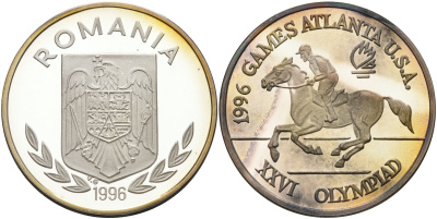 Румыния 100 леев 1996 XXVI Олимпийские игры 1996 года в Атланте, 100 лет Олимпийскому движению, скачки, пробный выпуск KM PnB 315E серебро  PROOF  11-159-45