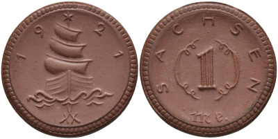 Саксония 1 марка 1921 парусник J. N 55 фарфор 1094-4-62