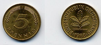 ФРГ 5 ПФЕННИГОВ 1988 J KM 107, J. 382 сталь плакированная латунью 36-826