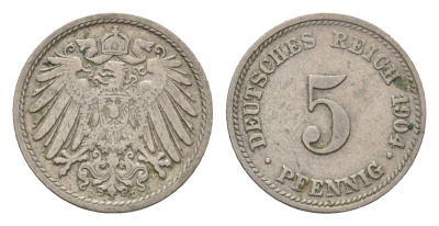 Германия 5 пфеннигов 1904 D, Вильгельм II (1888-1918) KM 11, J. 12 медно-никель 4632-1262