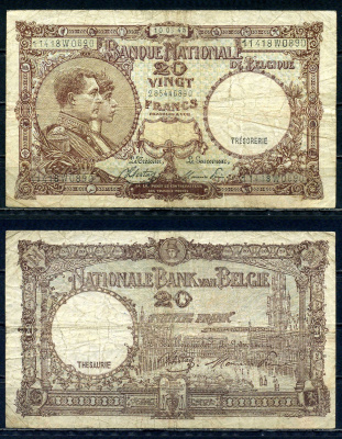 Бельгия 20 франков 1945 10.03.1945, Король Альберт I и его жена Королева Елизавета, Гран-Плас / Гроте Маркт, Брюссель Pick 111 (3) бумага 6301-15-1-2