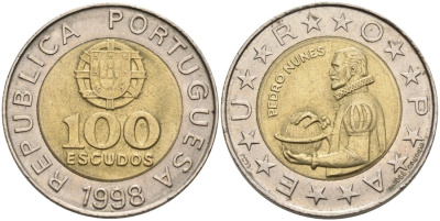 Португалия 100 эскудо 1998 Педру Нуниш (1502-1578), математик KM 645.1 биметалл 4571-955