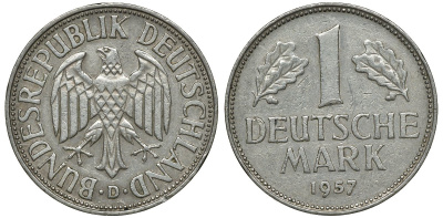 ФРГ 1 МАРКА 1957 D KM 110, J. 385 медно-никель 72-641