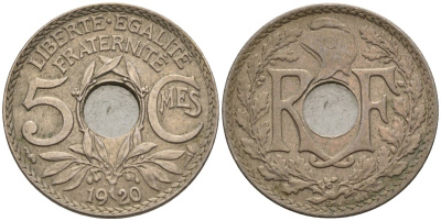 Франция 5 сантимов 1920 KM 865 медно-никель 4596-445