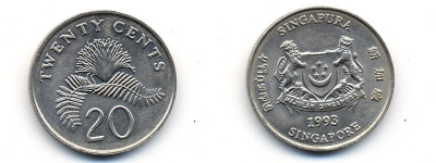 Сингапур 20 центов 1993 KM 101 медно-никель 76-635