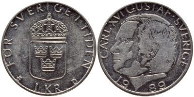 Швеция 1 крона 1989 Карл XVI Густав (1973- ) KM 852a медно-никель 4398-1212