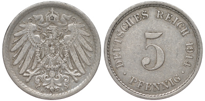 ГЕРМАНИЯ 5 ПФЕННИГОВ 1914 A, KM 11, J. 12 медно-никель 45-1138