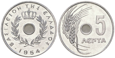 Греция 5 лепт 1954 Павел I (1947-1964), колосья KM 77 алюминий UNC 4615-1046