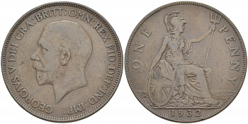 Великобритания 1 пенни 1932 Георг V (1910-1936) КМ 838, Spink 4055 бронза 3996-142