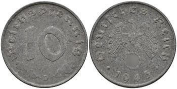 Германия 10 рейхспфеннигов 1943 D KM 101, J.371 цинк 4151-248