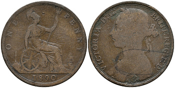 Великобритания 1 пенни 1890 Виктория (1837-1901) KM 755, Spink 3954 бронза 32-813