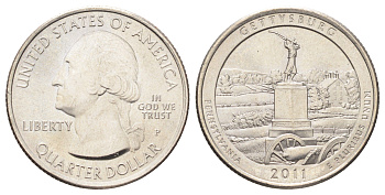 США 25 центов (квотер, 1/4 доллара) 2011 P, Квотеры «Парки США» - Национальный парк Геттисберг KM 494 медь плакированная медно-никелем UNC 4666-927