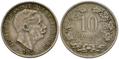 Люксембург 10 сантимов 1901 Адольф (1890-1905) KM 25 медно-никель 4602-434