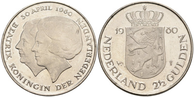 Нидерланды 2 1/2 гульдена 1980 коронация Беатрикс, 30 апреля 1980 KM 201 никель 4565-724