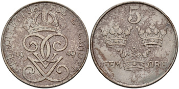 Швеция 5 эре 1949 Густав V (1907-1950), в лаке KM 812 железо 4557-726