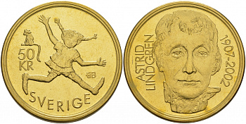Швеция 50 крон 2002 Карл XVI Густав (1973- ), 95 ЛЕТ АСТРИД ЛИНГРЕН, ПЕППИ ДЛИННЫЙ ЧУЛОК KM 910 латунь UNC 02-012-43