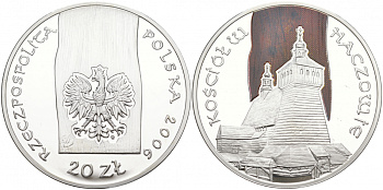 Польша 20 злотых 2006 Церковь в Хачуве, деревянное зодчество, цветная эмаль KM 584 серебро PROOF 1091-2-32