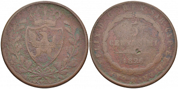 ИТАЛИЯ 5 ЧЕНТЕЗИМО 1826 ПРОВИНЦИЯ САРДИНИЯ KM 100.1 медь 114-716