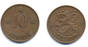Финляндия 10 пенни 1938 KM 24 медь 51-5637