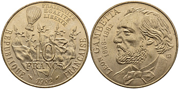 ФРАНЦИЯ 10 ФРАНКОВ 1982 100 ЛЕТ СМЕРТИ ЛЕОНА МИШЕЛЬ ГАМБЕТТЫ KM 950 никель латунь 4389-1131