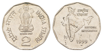 Индия 2 рупии 1999 монетный двор U KM 121.3 медно-никель UNC 4650-1127