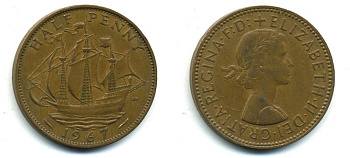 Великобритания 1/2 пенни 1967 Елизавета II (1952-2022) KM 896, Spink 4158 бронза 41-915
