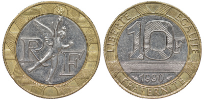 Франция 10 франков 1990 тип Гений Бастилии KM 964.1, Le Frank 375.5 биметалл 45-711