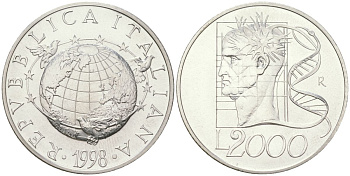 Италия 2000 лир 1998 R, Миллениум - ДНК, тираж 36.300 экземпляров KM 196 серебро BU 1529-1244