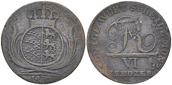 Вюртемберг 6 крейцеров 1807 король Фридрих I (1806-1816) KM 495, Jaeger 9, AKS 51 серебро 187-1026