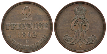 Брауншвейг-Каленберг-Ганновер 2 пфеннига 1862 B, Георг V (1851-1866) KM 234, AKS 153, J. 91 медь 413-3214