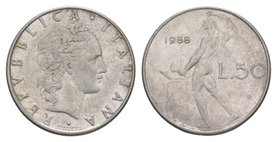 Италия 50 лир 1988 R, бог огня Вулкан у наковальни KM 95.1 нержавеющая сталь 4551-1152