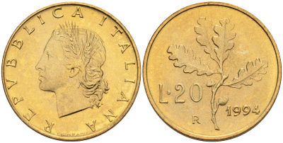 Италия 20 лир 1994 R, дубовый лист KM 97.2 алюминиевая бронза  UNC  4594-916