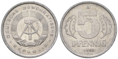 ГДР 5 пфеннигов 1983 A КМ 9.2 алюминий 3458-1245
