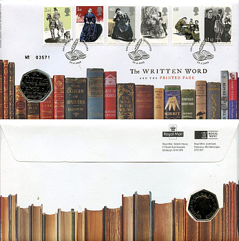 Великобритания 50 пенсов 2005 250 лет со дня опубликования Словаря Английского языка Сэмюэла Джонсона, в оригинальном конверте, с марками, первый день гашения KM 1050, Spink H14 медно-никель BU 4-3-8-02