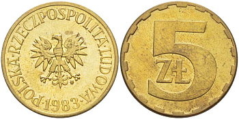 ПОЛЬША 5 ЗЛОТЫХ 1983 MW KM 81.1 латунь UNC 89-1551