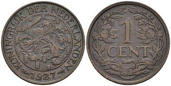 Нидерланды 1 цент 1927 Вильгельмина (1890-1948) KM 152 бронза 4576-737
