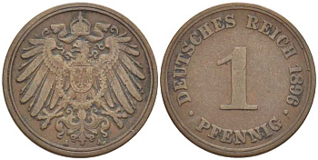 ГЕРМАНИЯ 1 ПФЕННИГ 1896 A KM 10, J. 10, Weege 2 медь 211-215